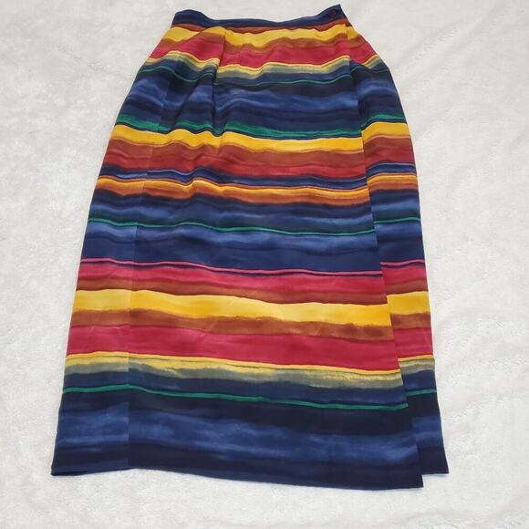 VTG Chaus Y2K Navy Blue Red Watercolor Stripe Silk Print Office Wrap Skirt 10 - Picture 1 of 7